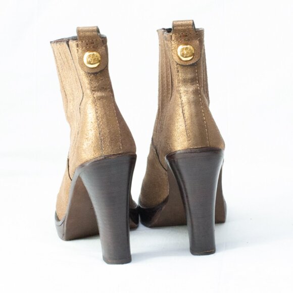 Tory Burch Gold Bronze Chelsea Ankle Boots Logo Monogram Block Platform Heel 5 - Picture 4 of 10
